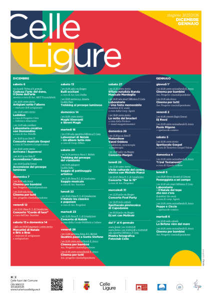 Celle Ligure propone un ricco calendario natalizio con laboratori, cinema per bambini, sfilate, attività creative, spettacoli e l'arrivo della Befana dal mare. Tutte le date da Dicembre a Gennaio.