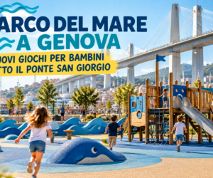 Illustrazione del futuro Parco del Mare a Genova sotto il Ponte San Giorgio, progetto di area giochi per bambini