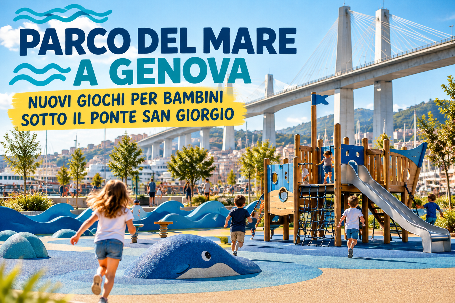 Illustrazione del futuro Parco del Mare a Genova sotto il Ponte San Giorgio, progetto di area giochi per bambini